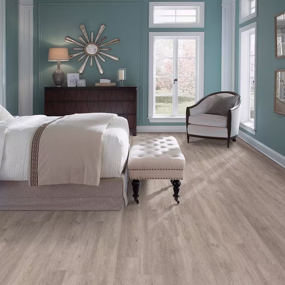 TrafficMaster Taupe Oak 4 MIL x 6 in. W x 36 in. L Peel and Stick Water Resistant Luxury Vinyl Plank Flooring (36 sqft/case)