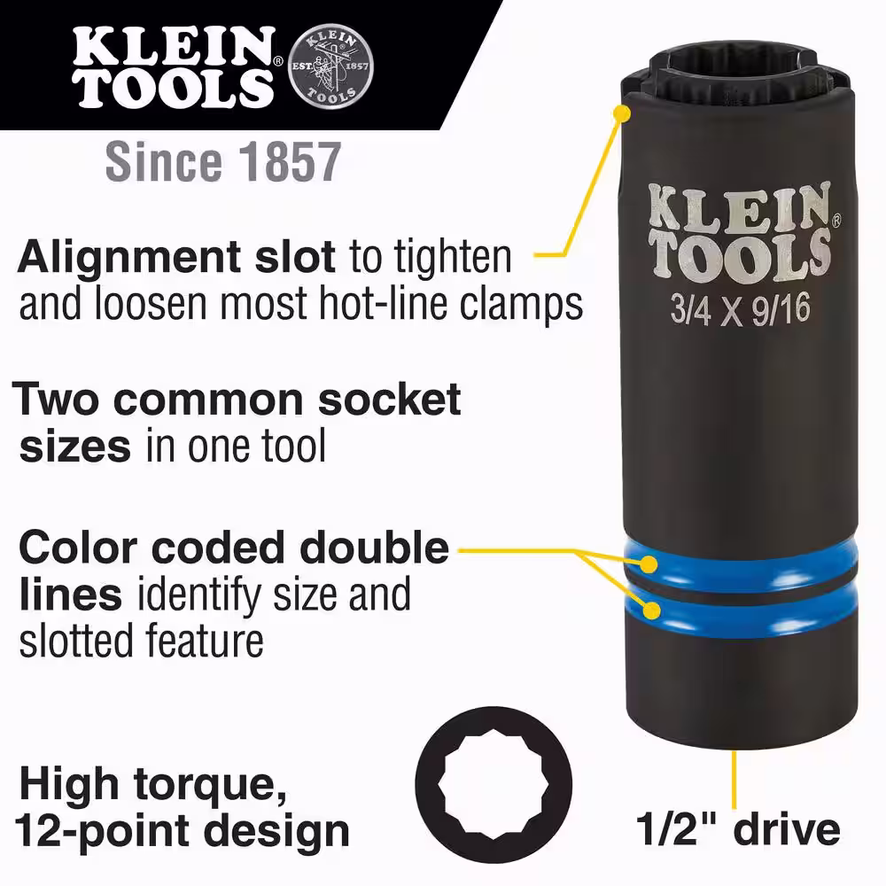 Klein Tools 3-in-1 Slotted Impact Socket, 12-Point, 3/4 and 9/16-Inch