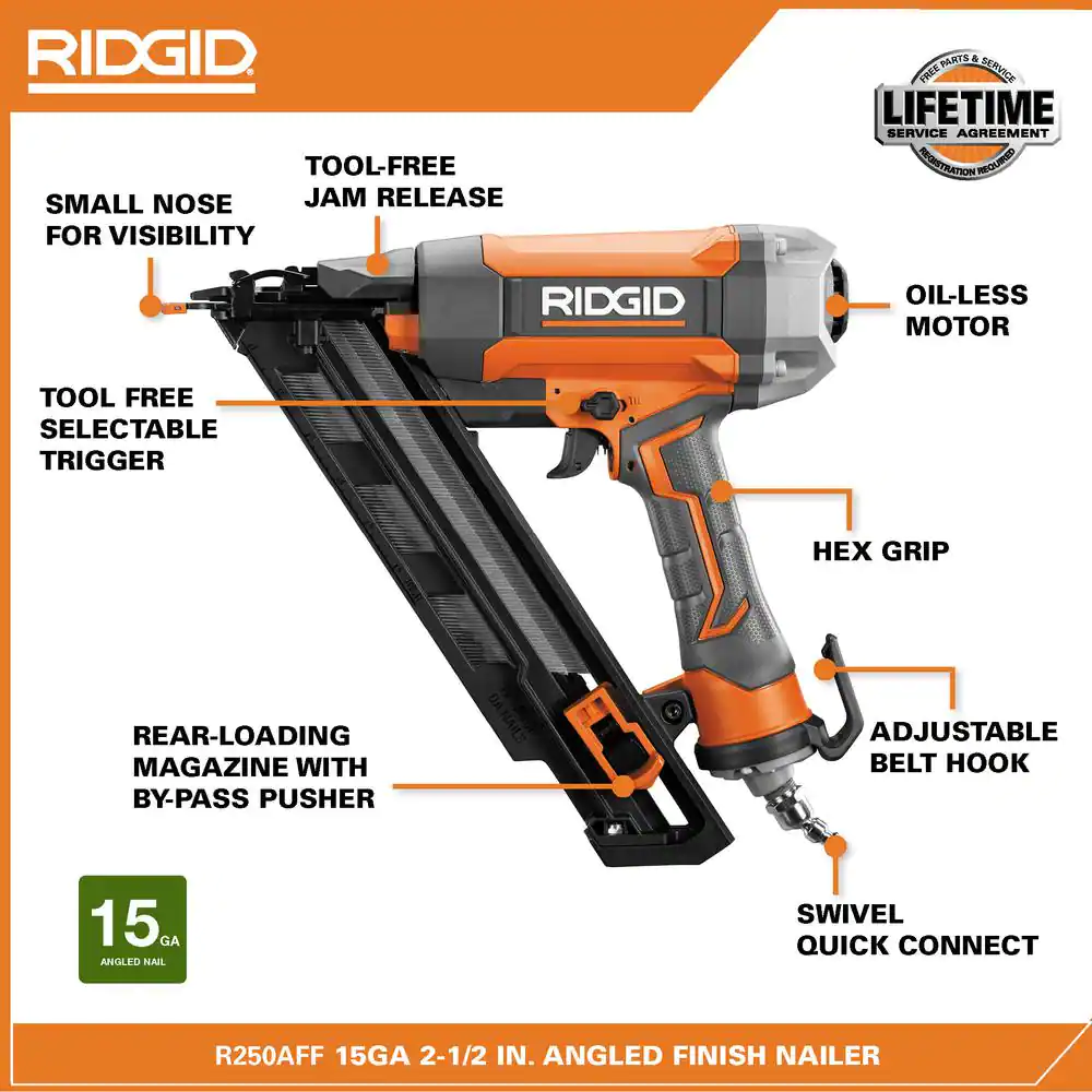 RIDGID Pneumatic 15-Gauge 2-1/2 in. Angled Finish Nailer with CLEAN DRIVE Technology, Tool Bag, and Sample Nails
