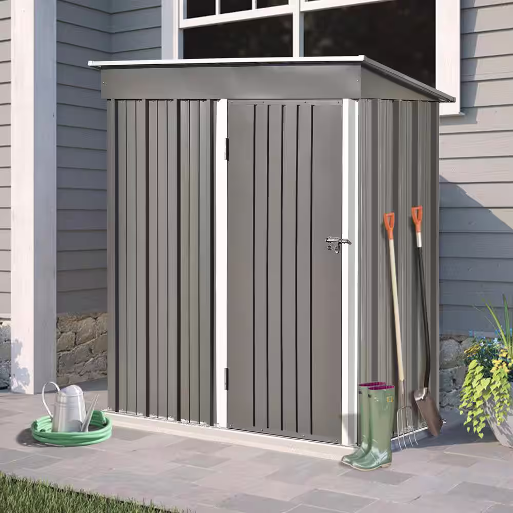 Clihome Gray 3 ft. W x 5 ft. D Metal Garden Shed Patio Lean-to Storage Shed with Adjustable Shelf, Tool Cabinet (14.4 sq. ft.)