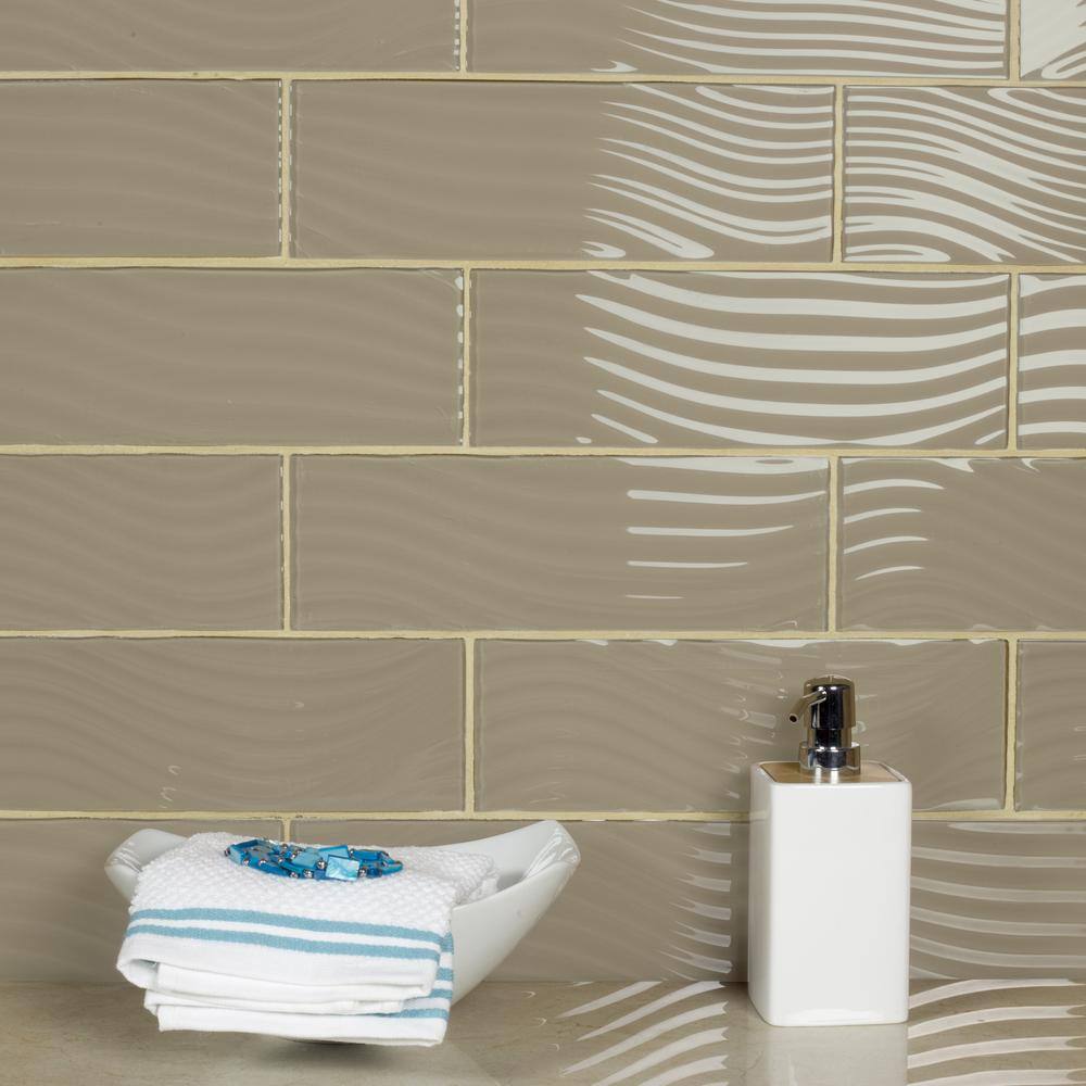 ABOLOS Coastal Design Style Glossy Tan Subway 4 in. x 12 in. Textured Glass Decorative Tile (11 sq. ft./Case)