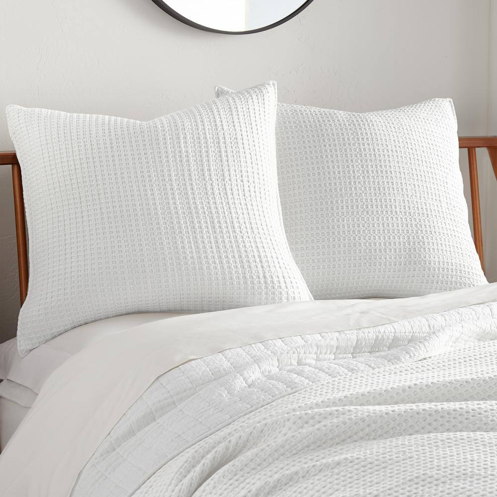 None Mills Waffle Bright White Solid Cotton 26 in. x 26 in. Euro Sham (Set of 2)