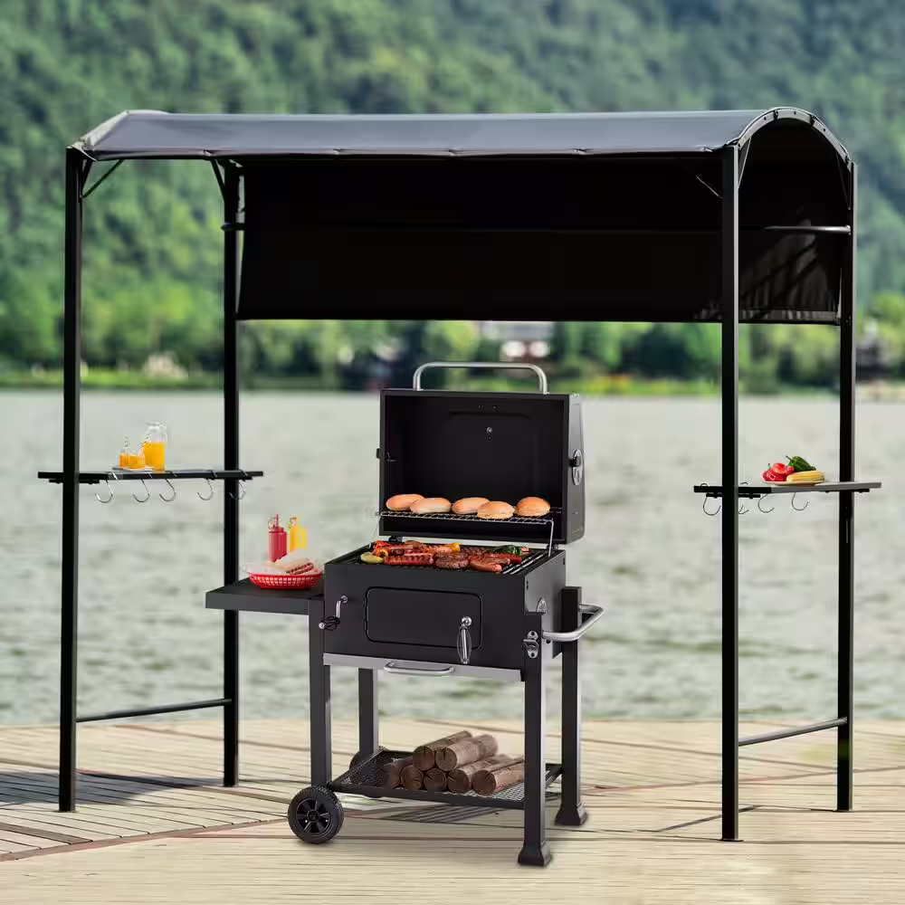 None 7 ft. x 4.5 ft. Gray Patio BBQ Gazebo Steel Double Tiered Outdoor Grill Gazebo Canopy with Shelves and Hooks for Garden