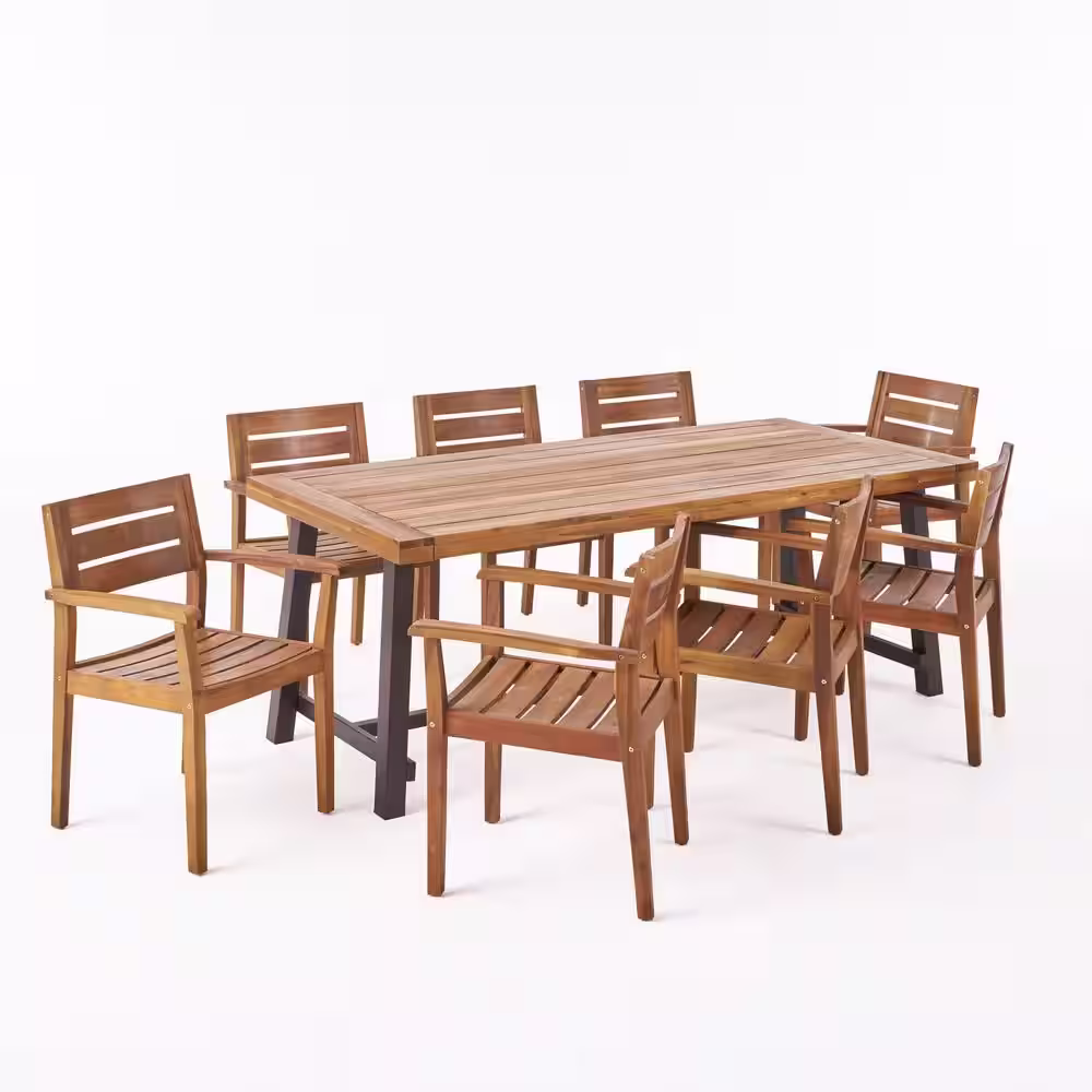 Noble House Balfour 30 in. Teak Brown 9-Piece Wood Rectangular Outdoor Dining Set