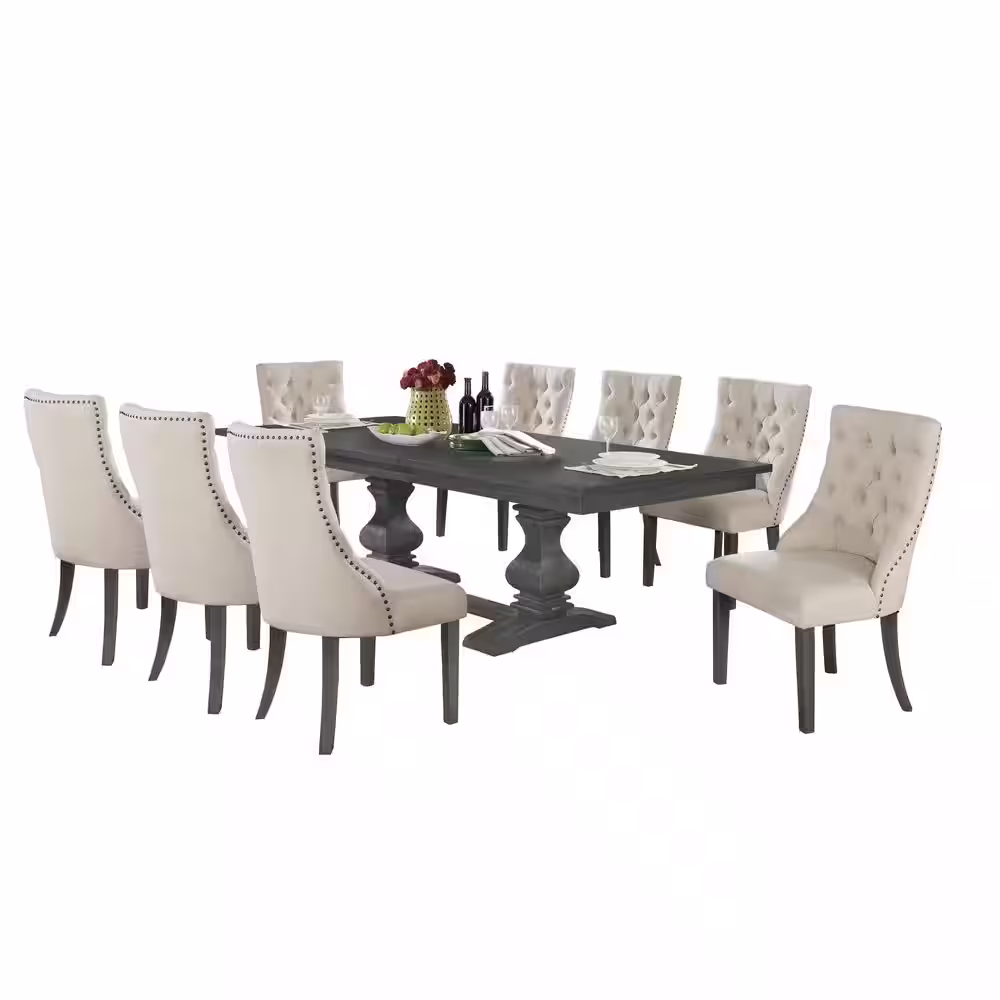 None Natasha 9-Piece Rectangle Gray Dining Set with Beige Linen Fabric