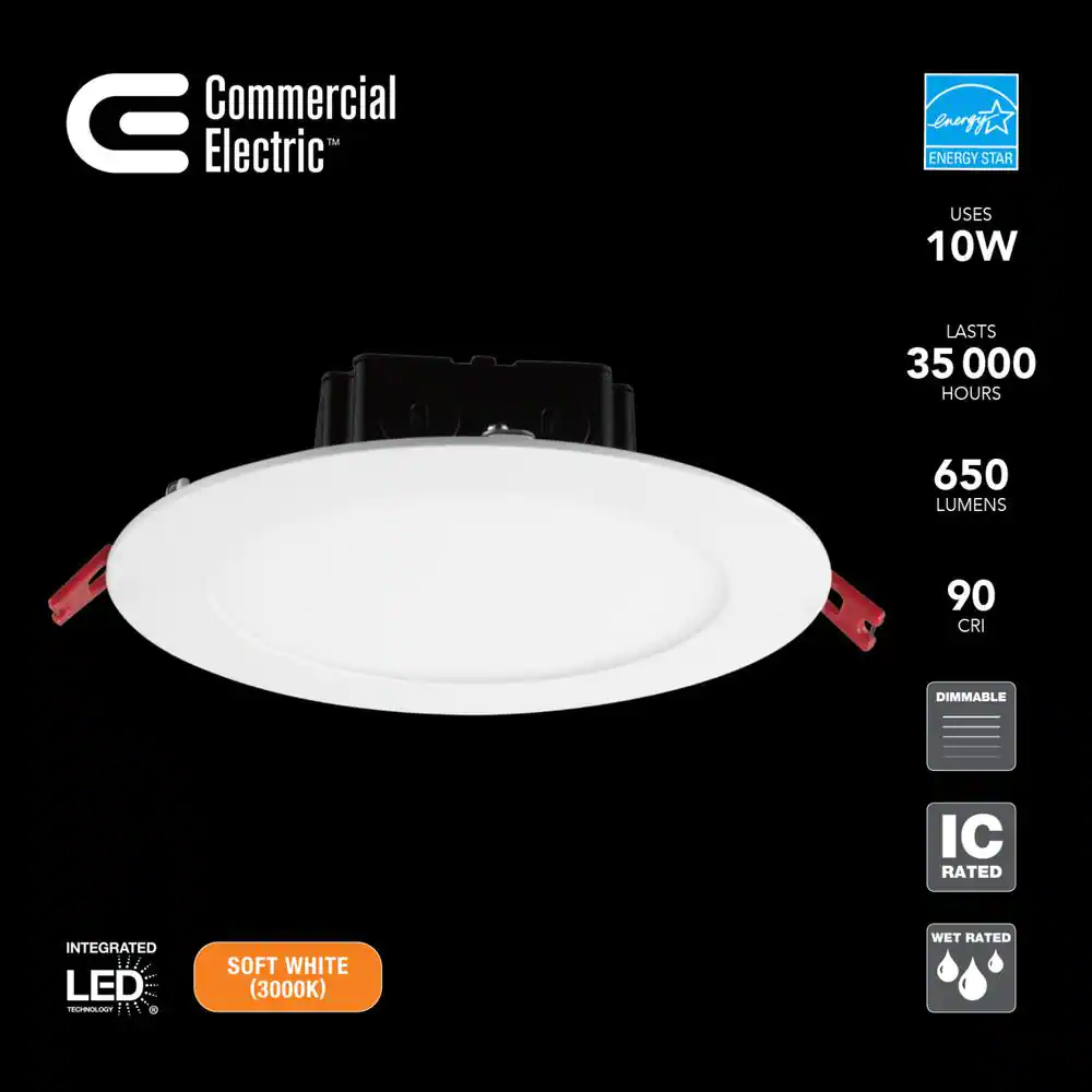 Commercial Electric 6 in. White Flush Round Wet Rated LED Integrated Recessed Lighting Kit (6-Pack)