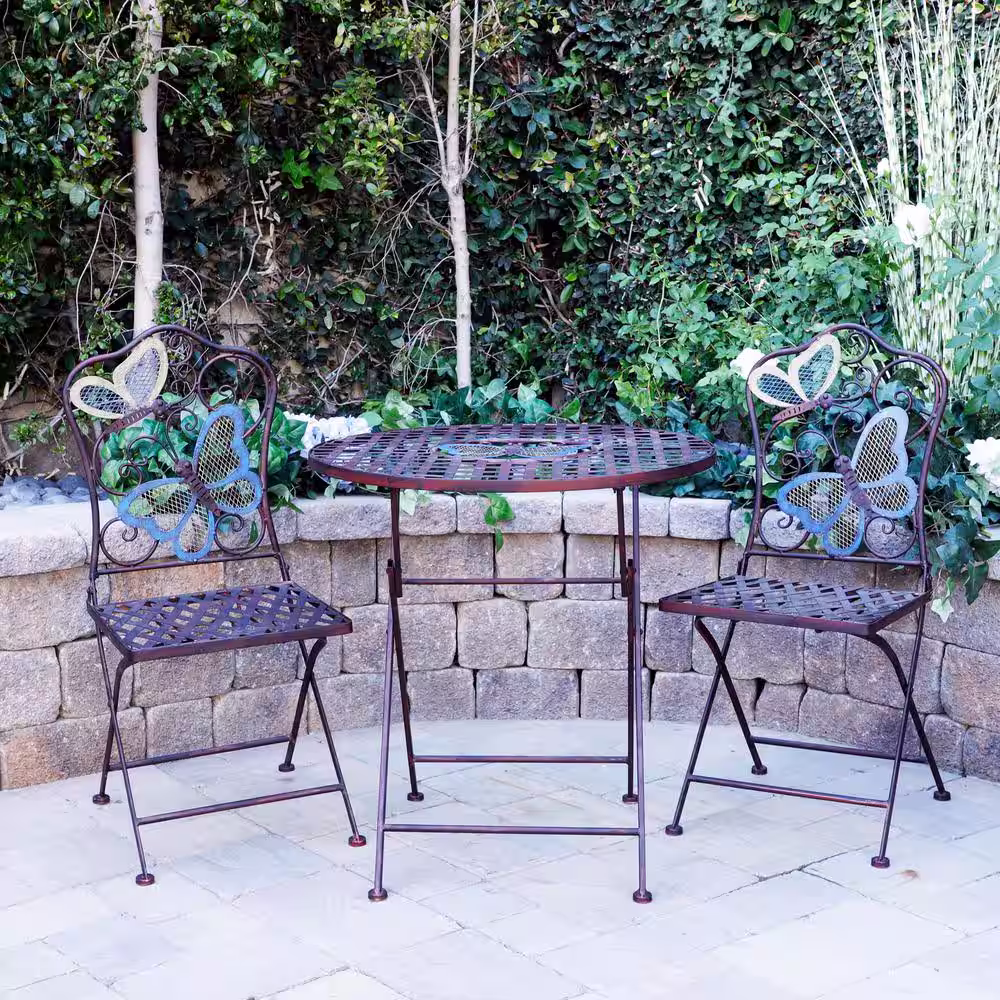 Alpine Corporation 3-Piece Iron Indoor/Outdoor Butterfly Design Bistro Set Folding Table and Chairs Patio Seating
