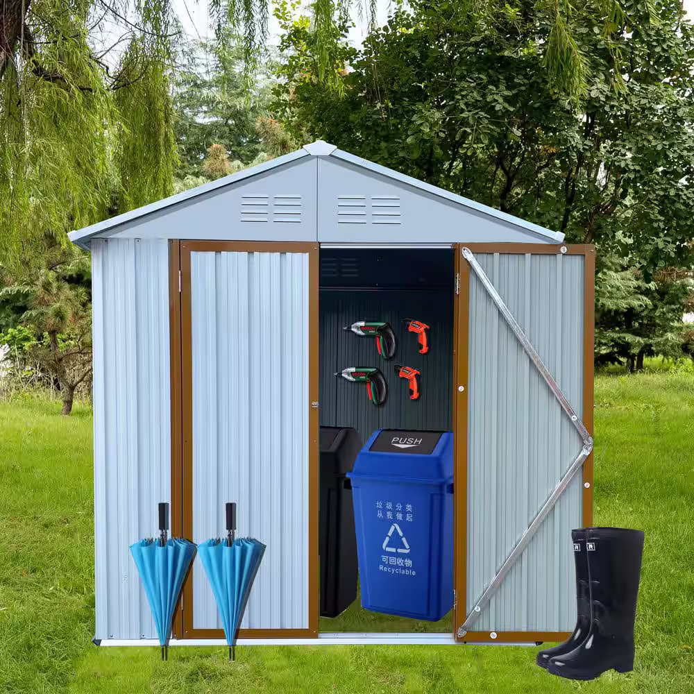 None Outdoor Storage 6 ft. W x 4 ft. D White+Yellow Metal Shed with Double Door and Vent (24 Sq. ft.) for Garden and Backyard