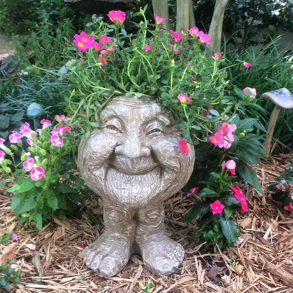 HOMESTYLES 12 in. Stone Wash Granny Joy the Muggly Statue Face Planter Holds 4 in. Pot