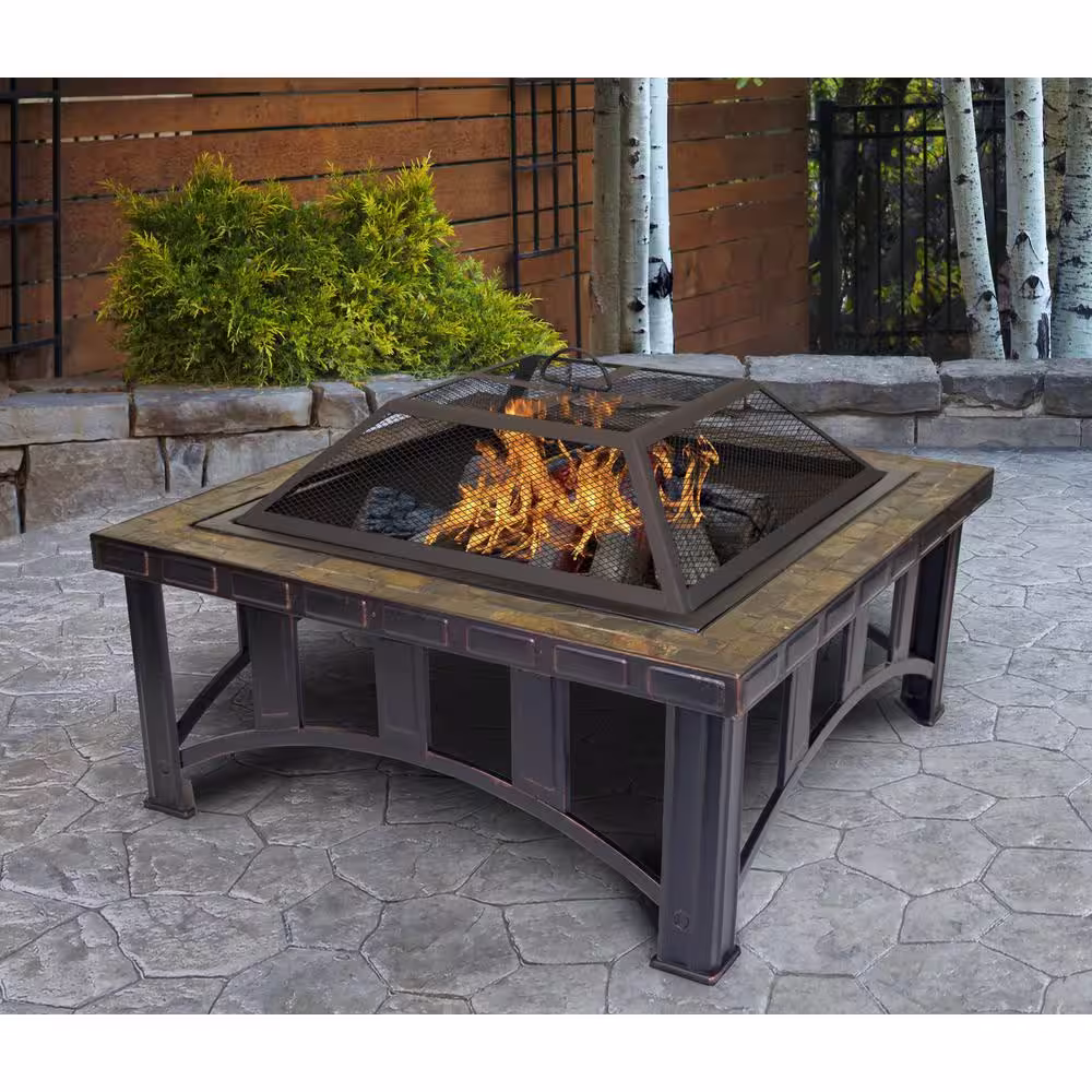 None Outdoor Leisure Model 5502 Thirty Inch Firepit with Decorative Slate Hearth and Oil Rubbed Bronze Finish