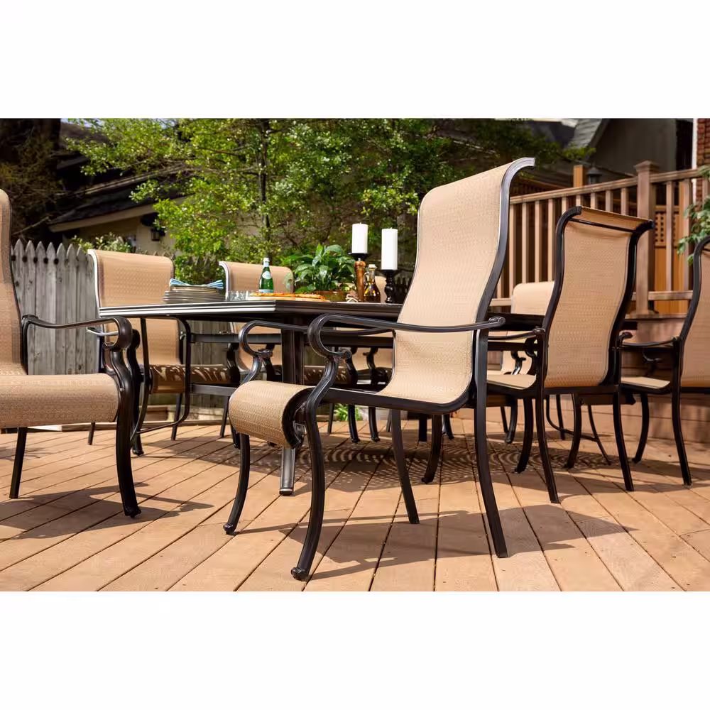 Hanover Brigantine 9-Piece Aluminum Outdoor Dining Set with an XL Cast-Top Table and 8-Slingback Dining Chairs