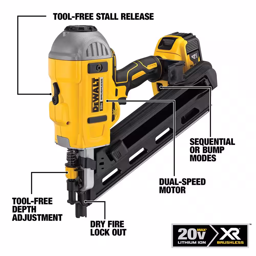 DEWALT 20V MAX XR Lithium-Ion 30-Degree Cordless Brushless 2-Speed Framing Nailer and 18-Gauge Brad Nailer (Tools Only)
