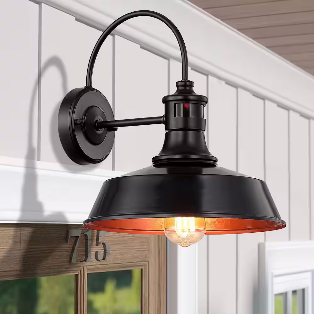 TRUE FINE Grantham 1-Light 12 in. Black Motion Sensor Outdoor Barn Light Wall Sconce