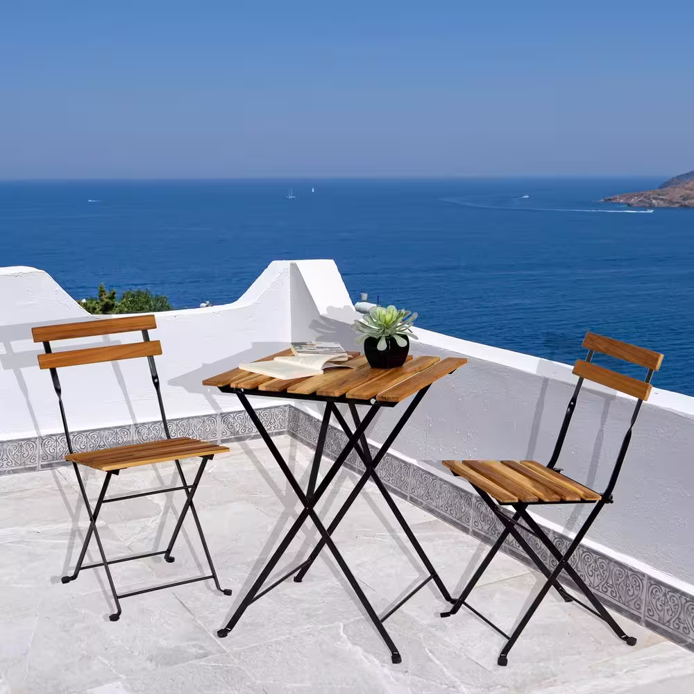 Afoxsos Coating Frame 3-Piece Solid Teak Wood Outdoor Bistro of Folding Table And Chair Set with blue Cushions