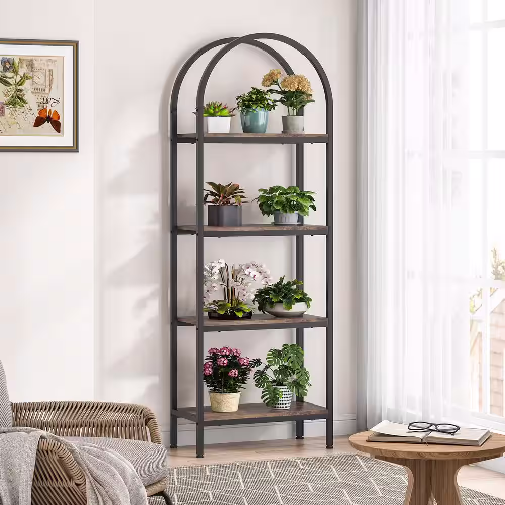 TRIBESIGNS WAY TO ORIGIN Jannelly 23.62 in. Brown Wood and Black Metal 4tier Radial Corner Shelves Bookcase Storage Rack Plant Stand