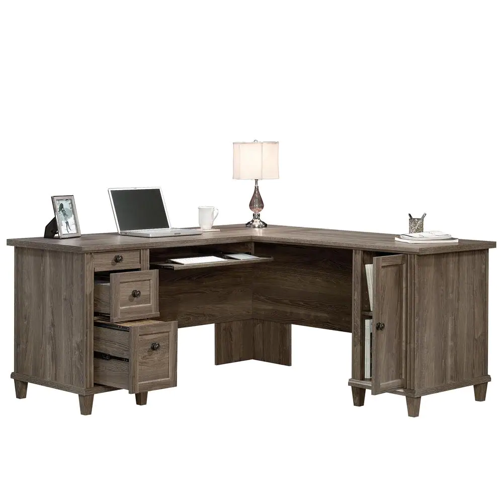 SAUDER 66 in. L-Shaped Emery Oak 3 Drawer Computer Desk with Keyboard Tray