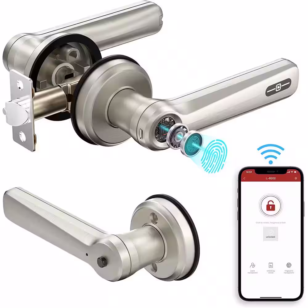 GeekSmart Aluminum Silver Smart Keyless Entry Lock with Lever Featuring Fingerprint, App Unlock