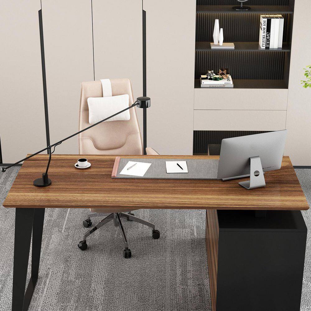 None 54.3 in. Reversible L-Shaped Brown Wood Computer And Gaming Desks Office Working Table With Adjustable Shelves, Drawers