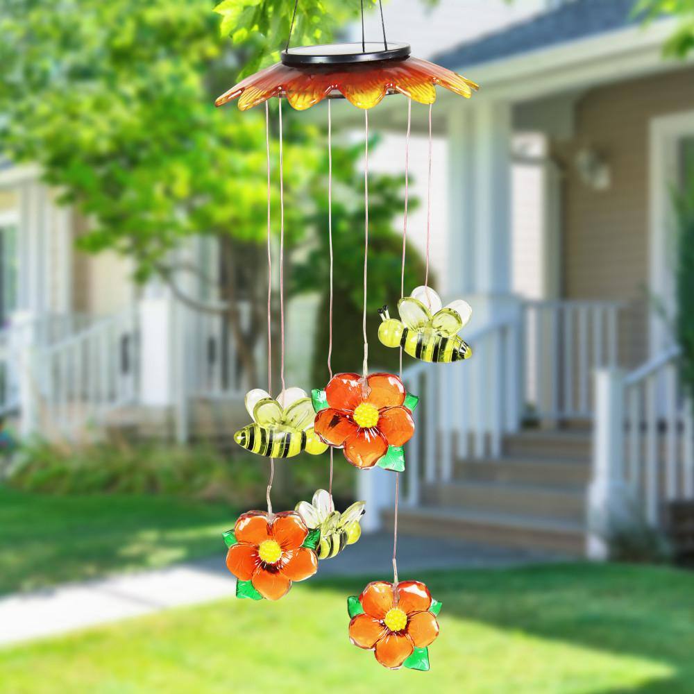 Exhart Bumble Bees and Flowers with 6 Color Changing LEDs 2.29 ft. Hanging Mobile