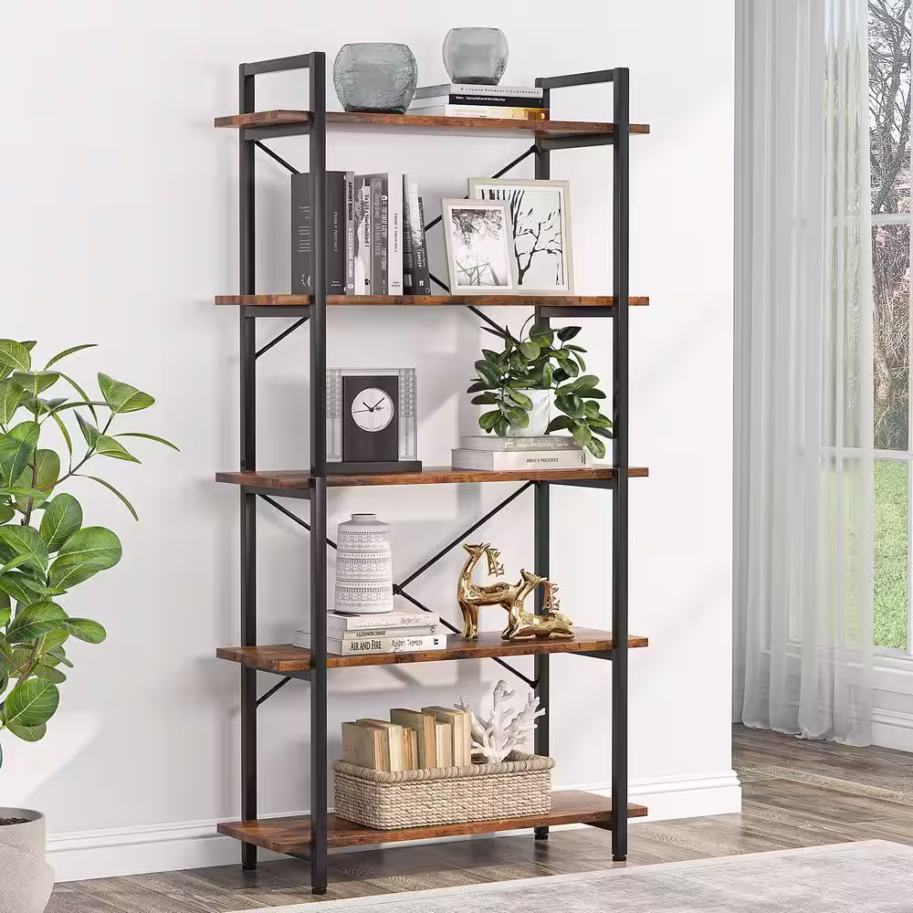 TRIBESIGNS WAY TO ORIGIN Clinz 63 in. Brown Wood 5-Tier Vintage Bookcase Extra Tall Bookshelf with Storage Shelves