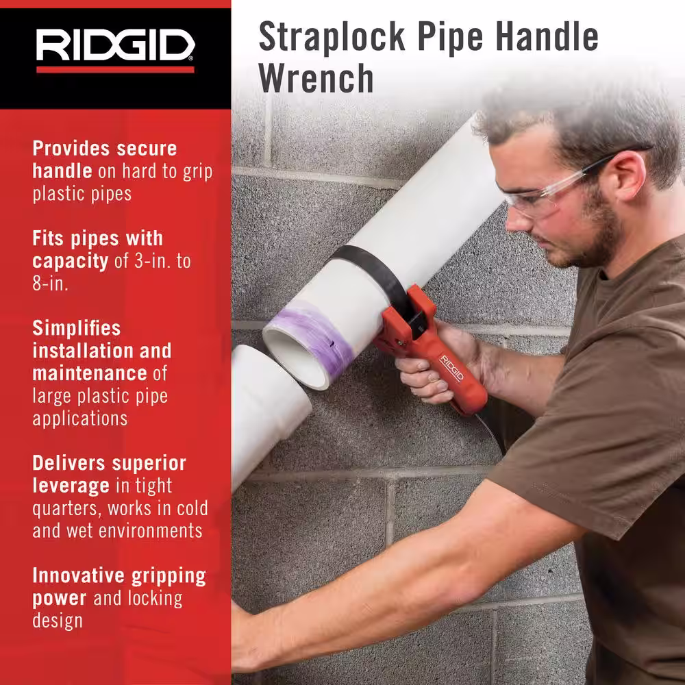 RIDGID 7 in. Strap Wrench with STRAPLOCK Pipe Handle, Sturdy Adjustable Wrench for All Conditions, Pipe Capacity of 3 in.-8 in.