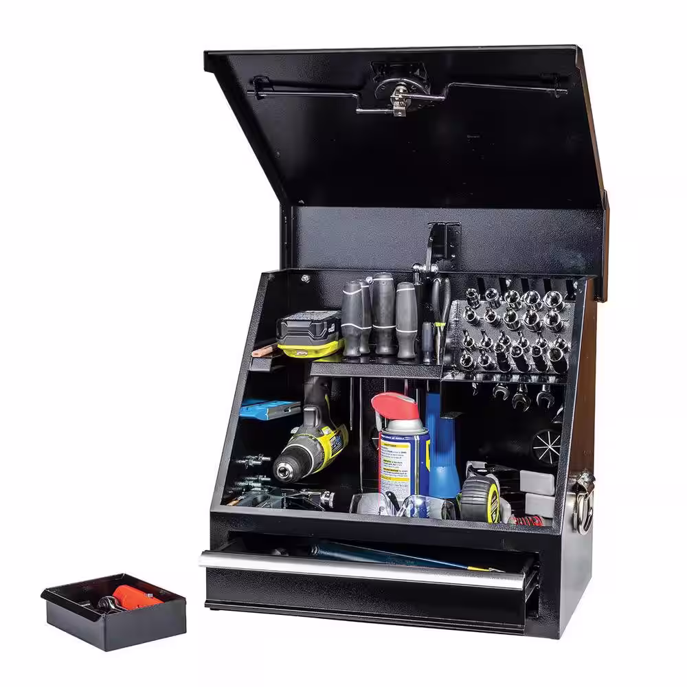 Montezuma 18 in. W x 12 in. D 1-Drawer Black Steel Portable Shop Triangle Tool Box Chest for Sockets, Wrenches and Screwdrivers