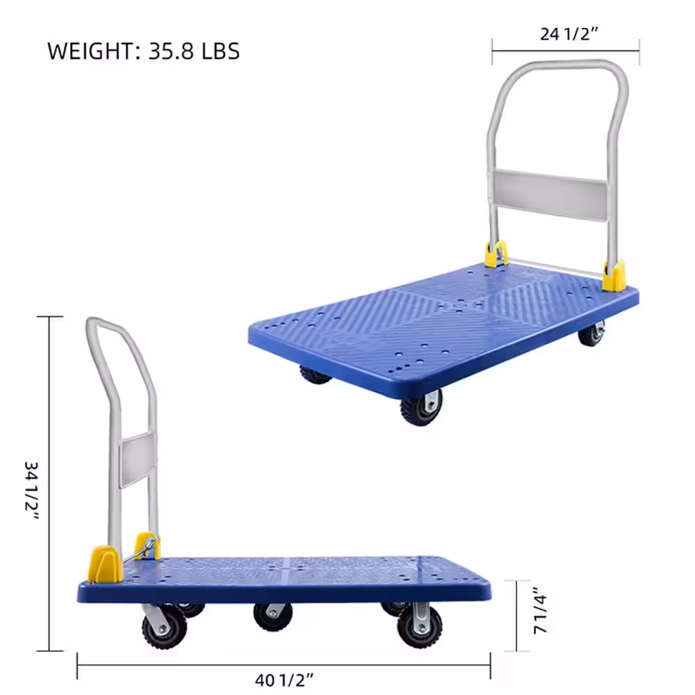 None Blue Metal Foldable Platform Truck with 1320lb Weight Capacity and 360 Degree Swivel Wheels