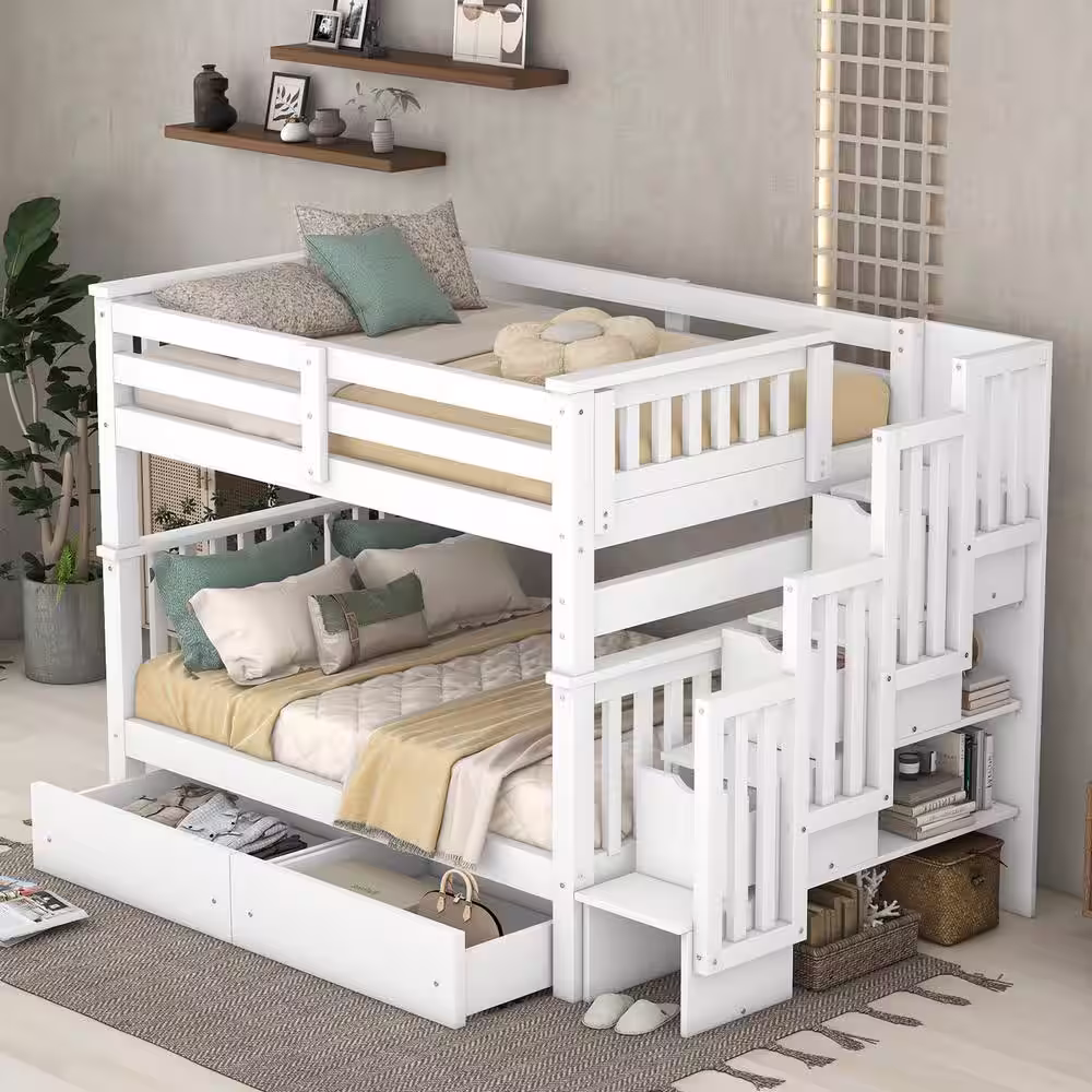 None White Full Over Full Bunk Beds with 6 Drawers, Stairway Bunk Bed Frame with Shelves, Detachable Wood Bed for Kids, Teens
