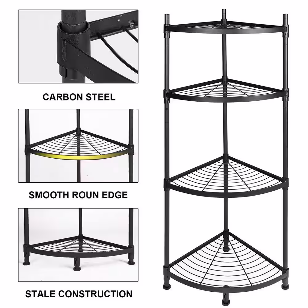 None Corner Black Freestanding 4-Tier Iron Shelving Unit (19 in. W x 43.3 in. H x 13.2 in. D)