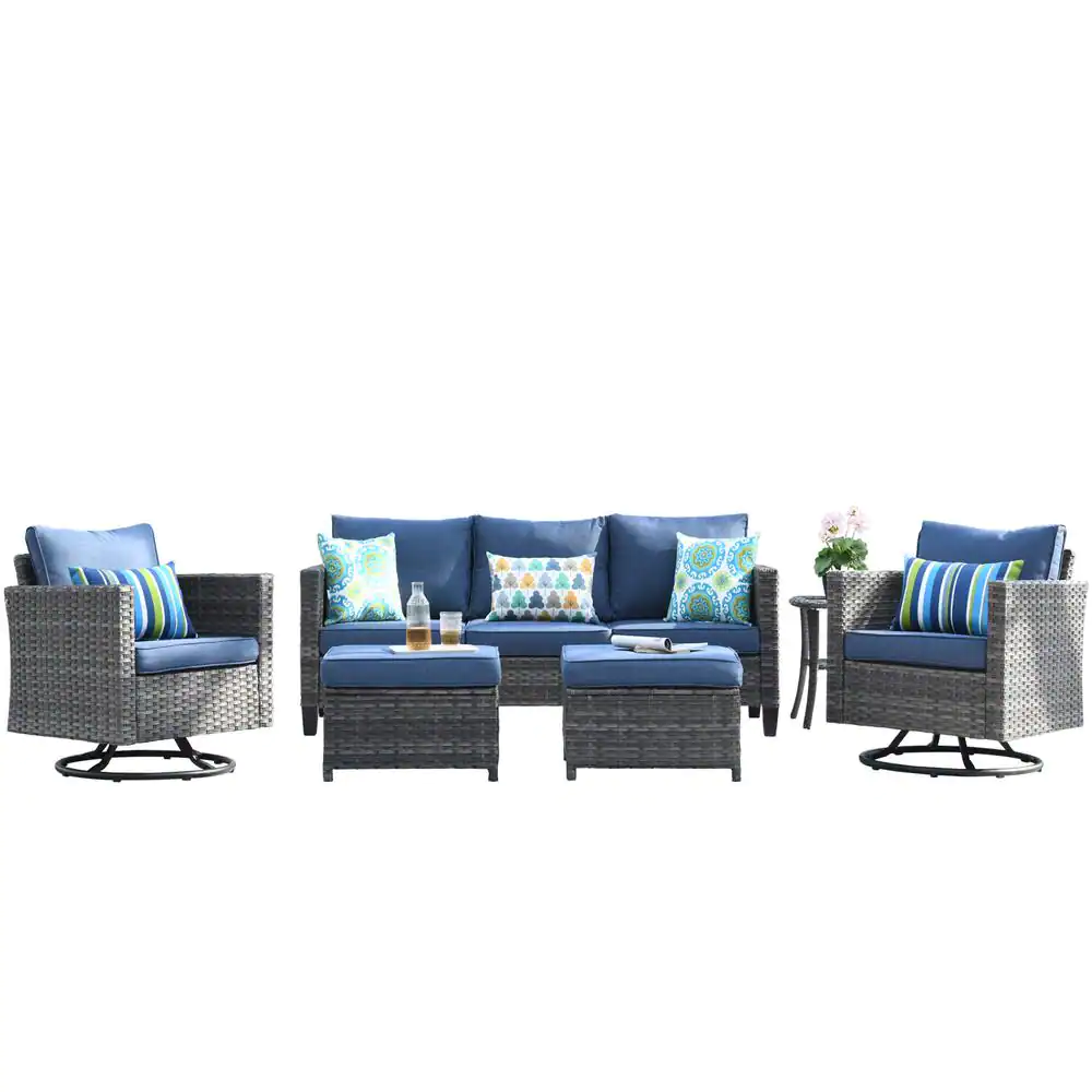 OVIOS New Vultros Gray 6-Piece Wicker Outdoor Patio Conversation Set with Denim Blue Cushions and Swivel Rocking Chairs