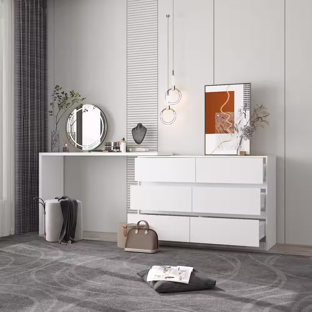 None 6-Drawer L-Shaped Chest of Drawers Cabinet with Rotatable Desktop 47.2 in. W x 51.2 in. D x 32.7 in. H