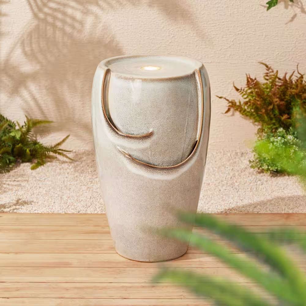 Glitzhome 21.25 in. H Sand Beige Ceramic Pot Fountain with Pump and LED Light