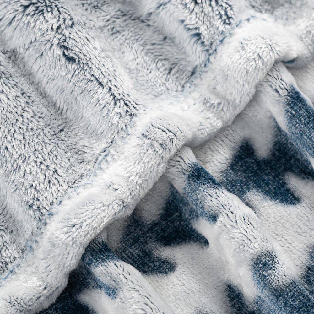 None Geometric Blue Brown Flannel Sherpa 80 in. x 90 in. Throw Bed Blanket