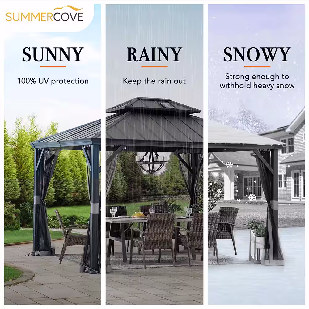 None 10 ft. x 12 ft. Hardtop Outdoor Patio Aluminum Frame Gazebo with Solar Panel, Netting and Ceiling Hook