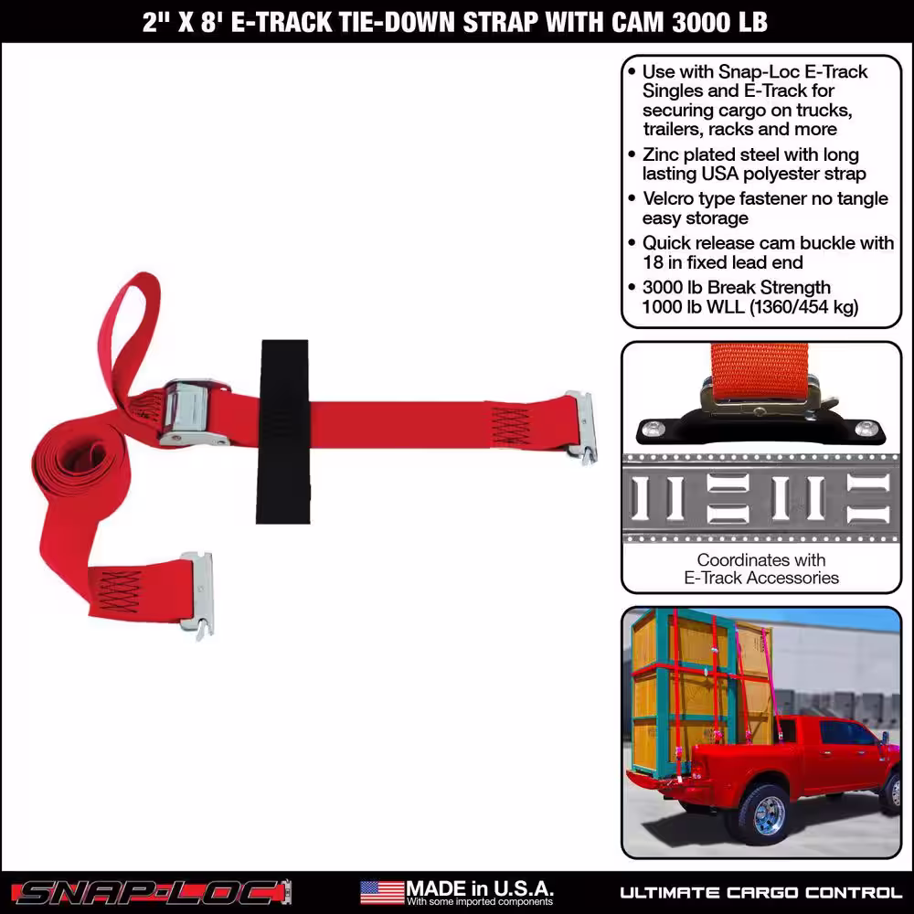 SNAP-LOC 8 ft. x 2 in. x 8 ft. Logistic Cam E-Strap with Hook and Loop Storage Fastener in Red