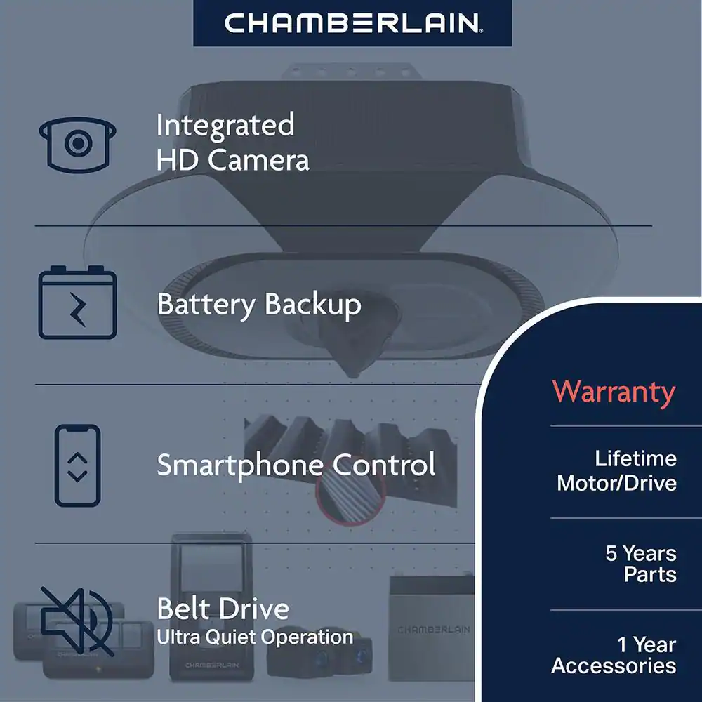 Chamberlain 1-1/4 HP LED Video Quiet Belt Drive Garage Door Opener with Integrated Camera & Battery Backup