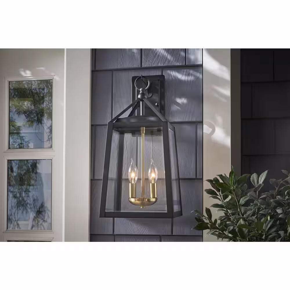 Home Decorators Collection Blakeley Transitional 2-Light Black and Brass Outdoor Wall Light Fixture with Clear Beveled Glass