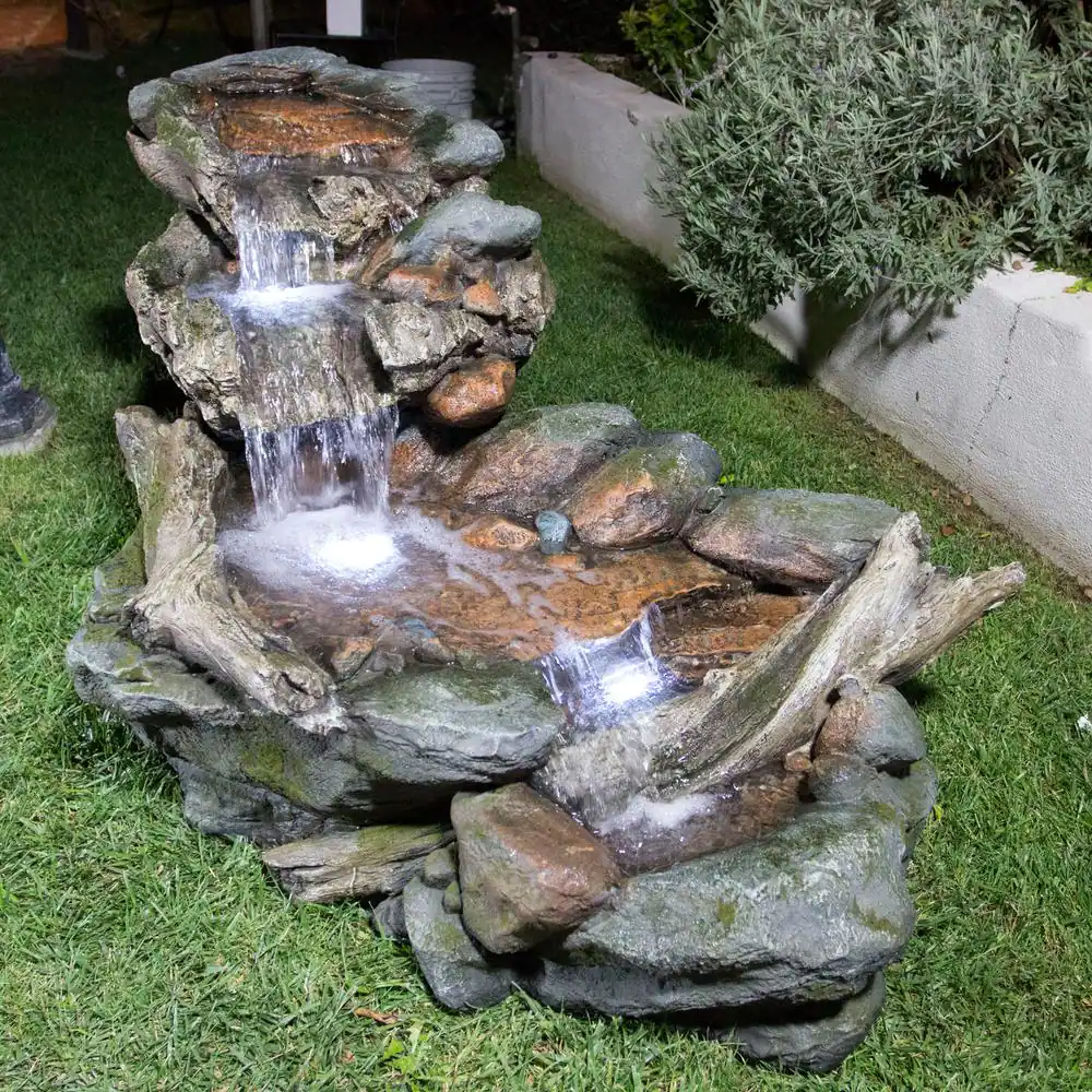 Alpine Corporation 60 in. Long Outdoor 3-Tier Rainforest Rock River Water Fountain with LED Lights