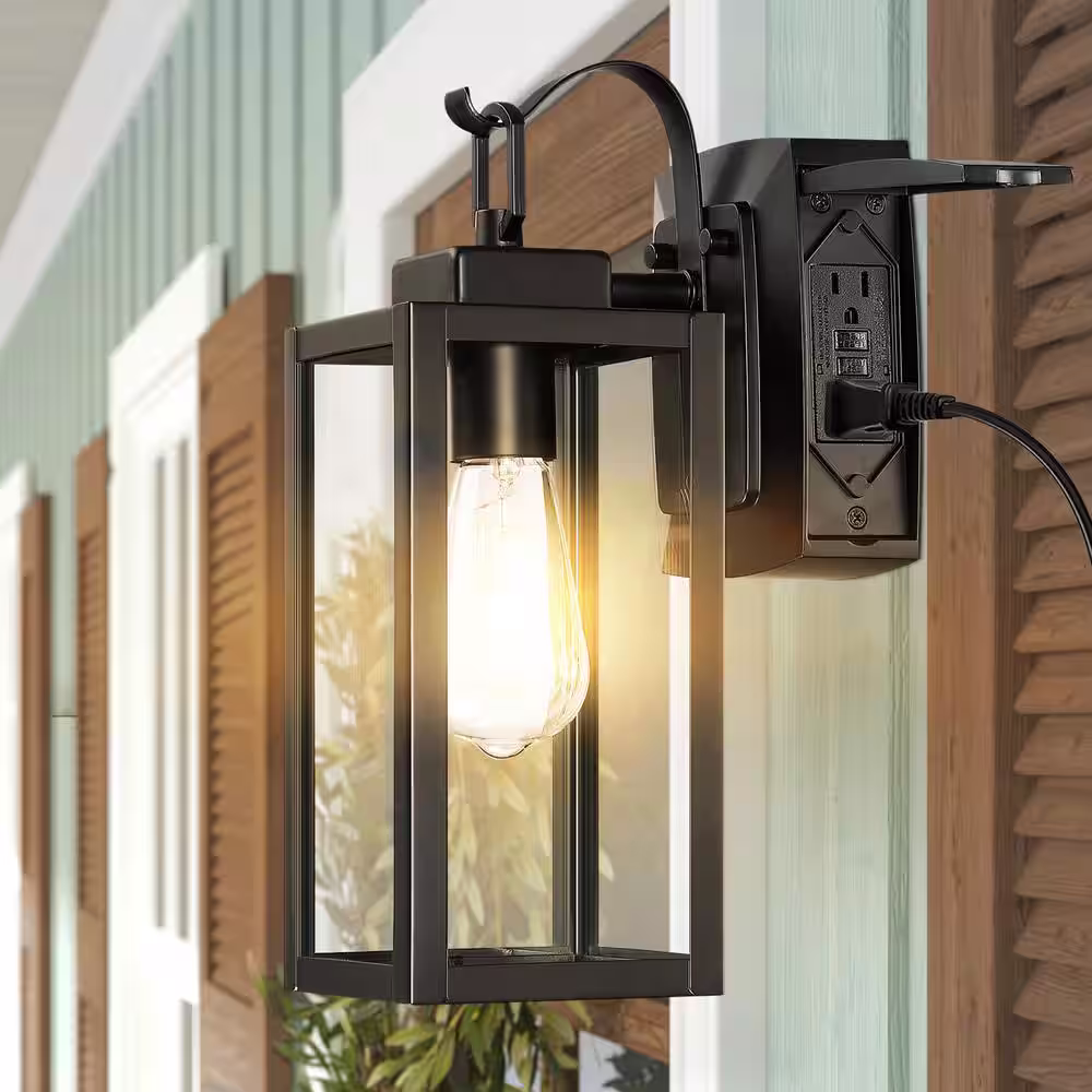 None 1-Light Matte Black Light Outdoor Wall Lantern Sconce with Clear Glass and Built-In GFCI Outlets