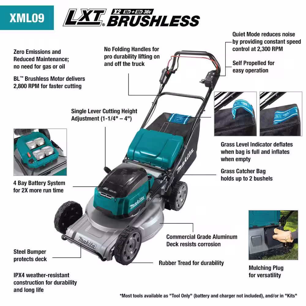 Makita 21 in. 18-Volt X2 (36-Volt) LXT Lithium-Ion Brushless Cordless Walk Behind Self-Propelled Lawn Mower Kit (5.0Ah)