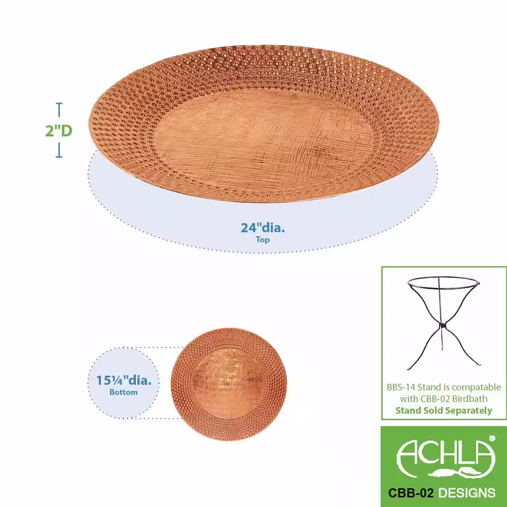 Achla Designs 24 in. Dia Copper Classic II Hammered Texture Birdbath with Wide Rim