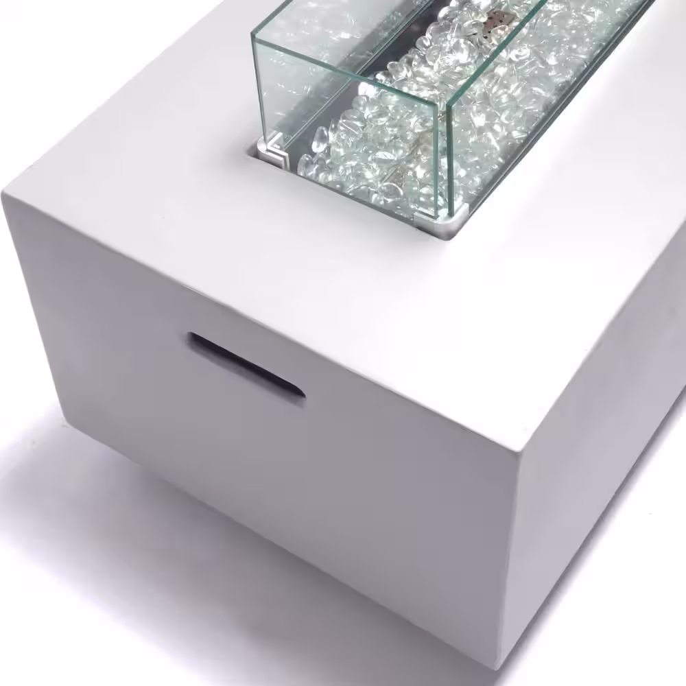 BLUEGRASS LIVING 42 Inch x 15 Inch Rectangular MGO Propane Fire Pit Table with Side Table Tank Storage, Glass Wind Guard