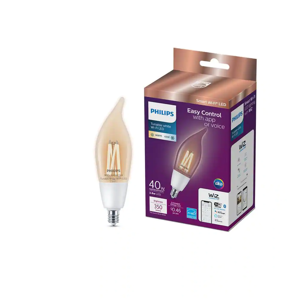 Philips 40-Watt Equivalent BA11 Smart Wi-Fi LED Tuneable White E12 Candelabra Light Bulb Powered by WiZ with Bluetooth (2-Pack)