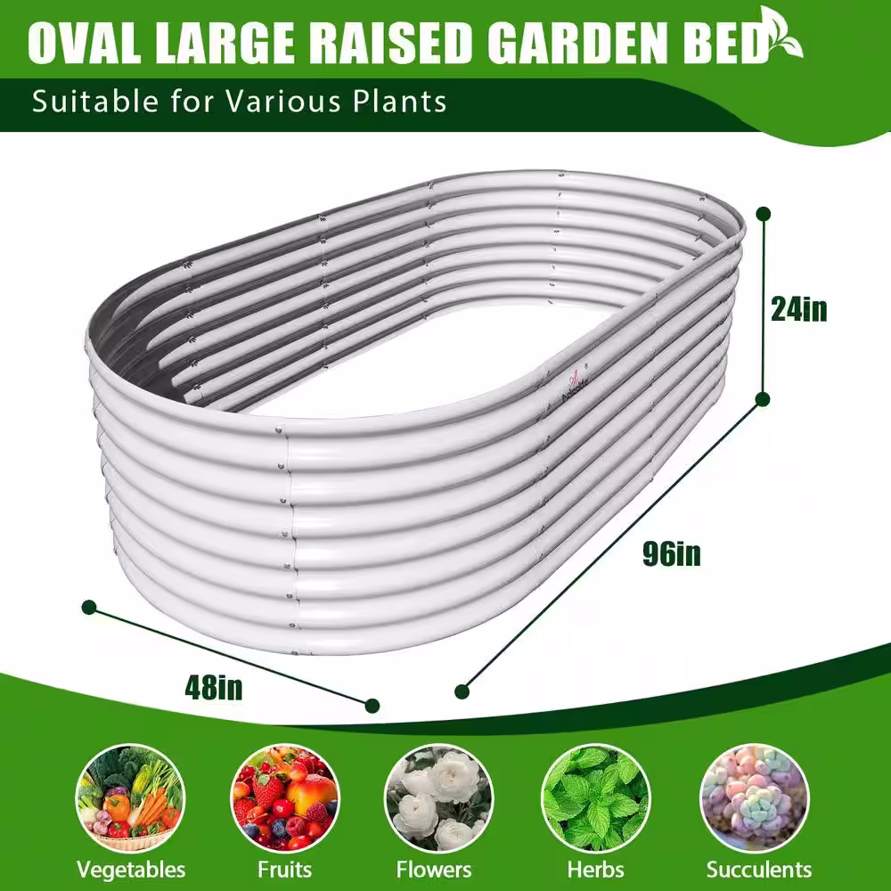 None ElevatedEden 8 ft. x 3 ft. x 2 ft. White Galvanized Steel Raised Garden Bed, Oval