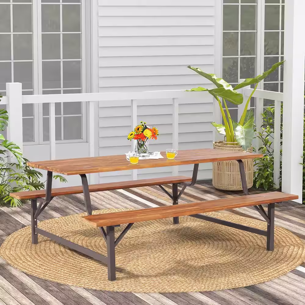Costway Acacia Wood Outdoor Picnic Table Bench Set with 71 in. Tabletop 2 in. Umbrella Hole