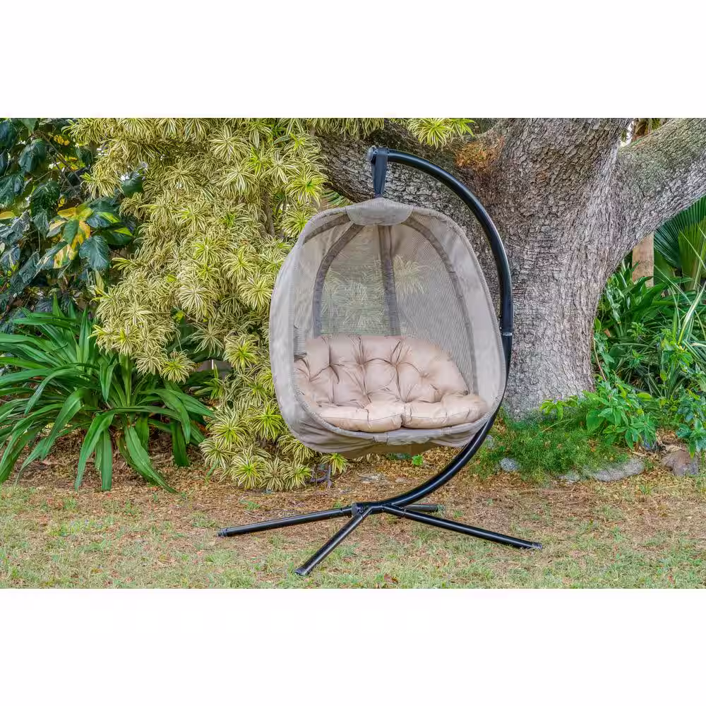 None 43 in. Free Standing Beige Outdoor Patio Hanging Pumpkin Loveseat Egg Chair Hammock with Cushion and C Type Bracket
