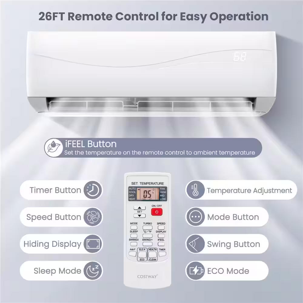Costway 18000 DOE BTU Mini Split Portable Air Conditioner Cools 1250 Sq. Ft. with Heater with Remote 19 SEER2 208-230V