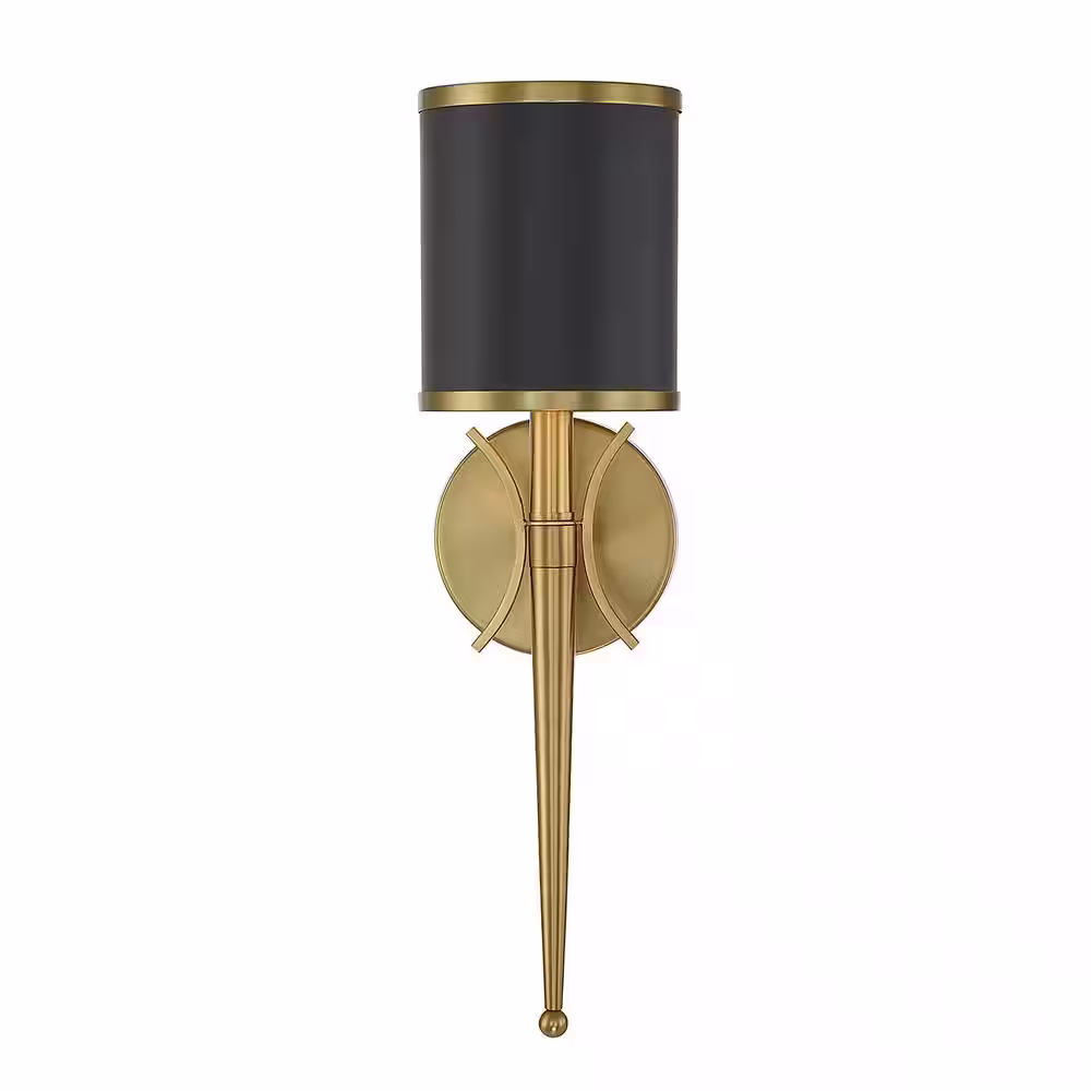 Savoy House Quincy 5.25 in. W x 18.5 in. H 1-Light Matte Black with Warm Brass Accents Wall Sconce with Metal Shade