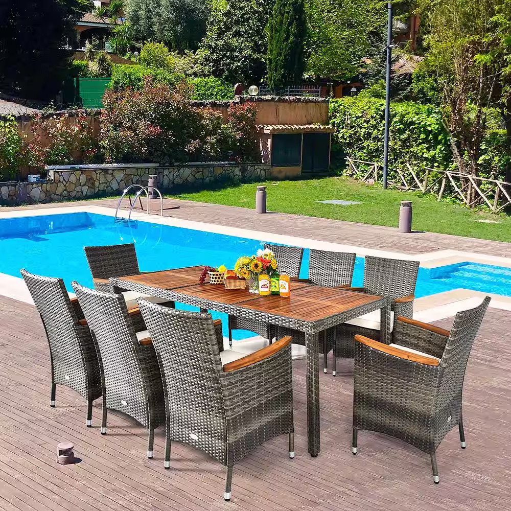 Gymax 9-Piece Wicker Outdoor Dining Set with Cushion Beige Patio Acacia Wood and Rattan Furniture Set