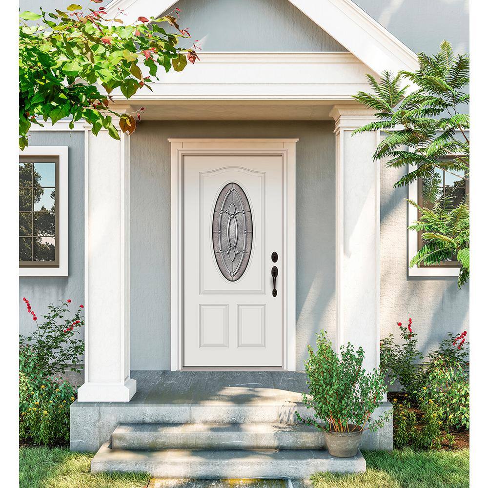 JELD-WEN 32 in. x 80 in. 3/4 Oval Lite Blakely Primed Steel Prehung Left-Hand Inswing Front Door w/Brickmould